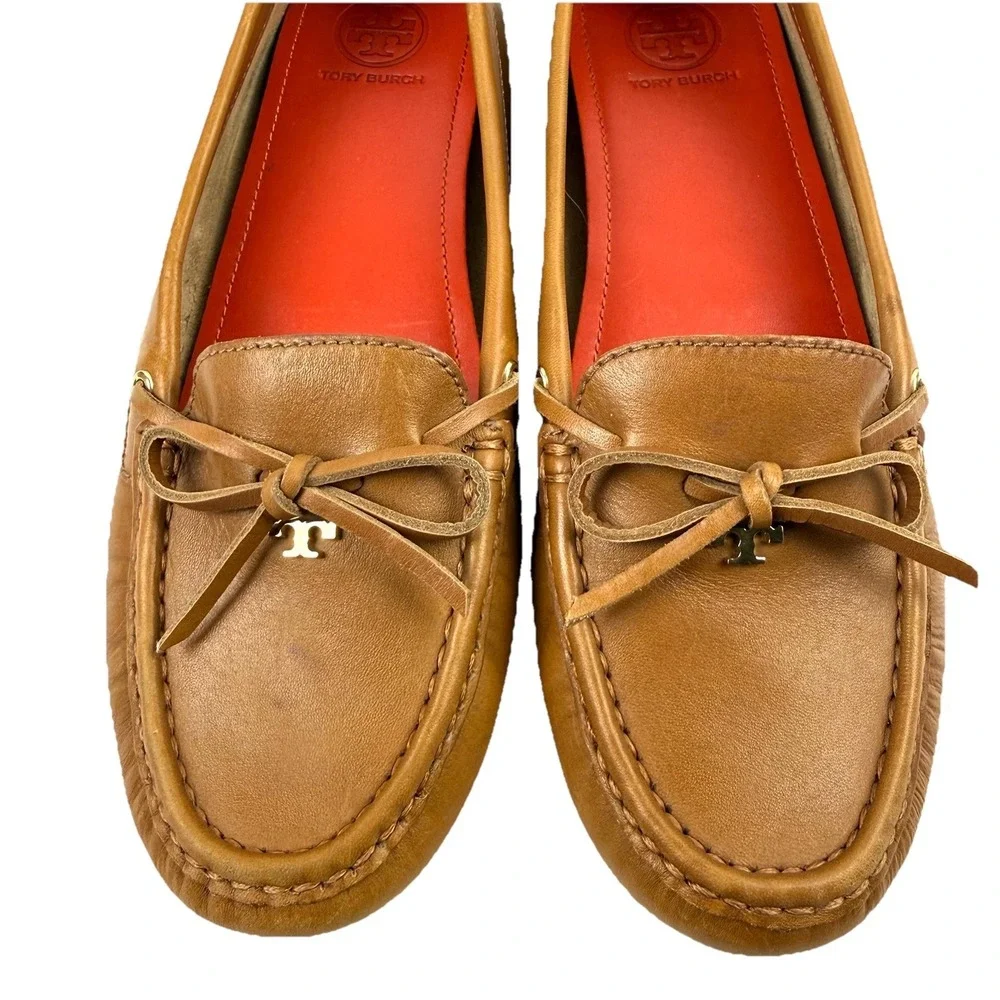 Tory Burch Ashby Shoes 7.5 Brown Soft‎ Leather Driving Moccasin Gold T Womens